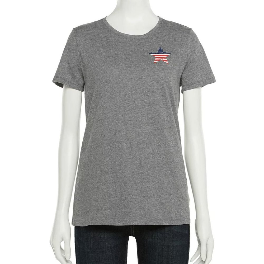 NEW‎ Sonoma S Women's Gray American Flag Star Tee Shirt Top Patriotic